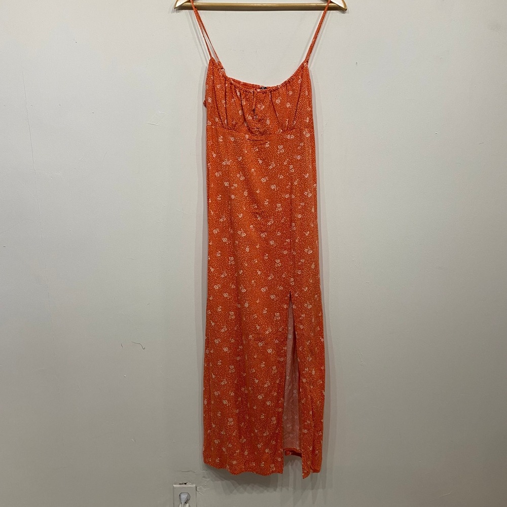 H&M Divided Womens Orange Floral Polka‎ Dot Midi Dress Slit Size Medium